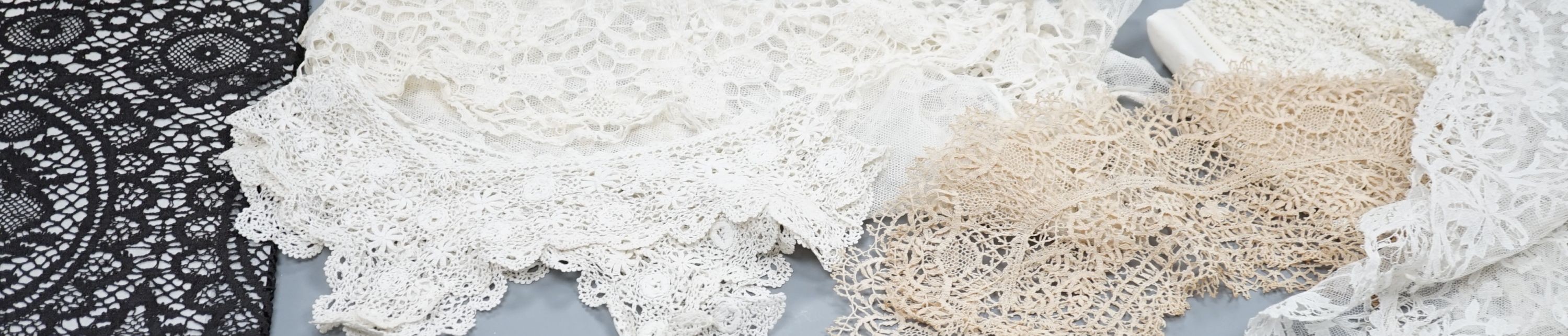 A collection of 19th century hand made bobbin lace and other handmade collars and trimmings, including Honiton, Irish crochet.
